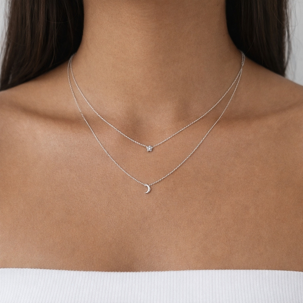 Dainty Necklace Women's 17" Silver Tone Double Layered Moon Star Gift Feminine